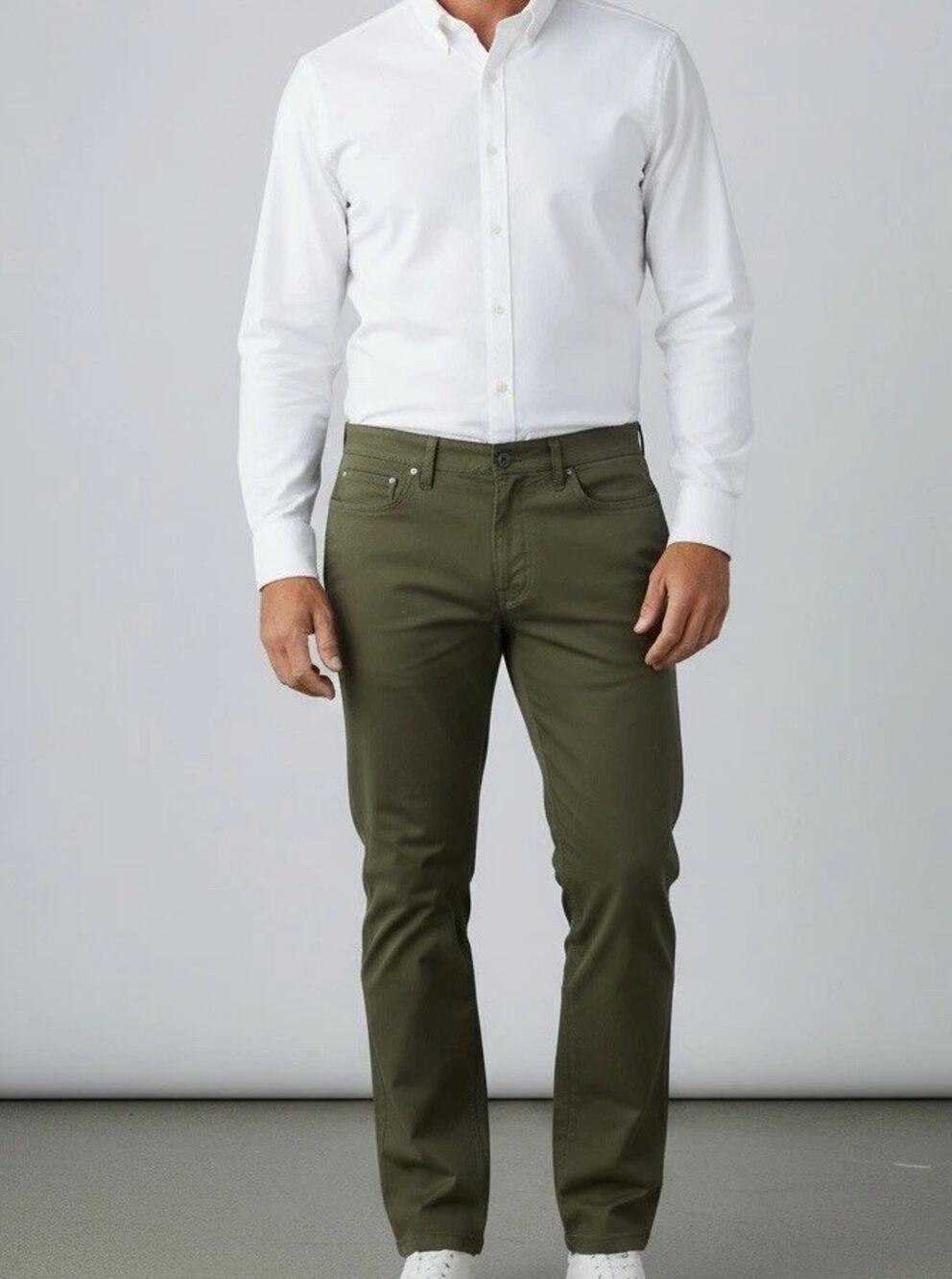 New Flag & Anthem Olive Green Chino Nashville Straight Trouser Pants 34x32